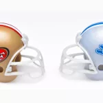 Football helmets of the San Francisco 49ers and Detroit Lions