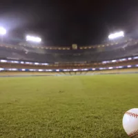 Los Angeles - October 12^ 2022: Selective focus of baseball in outfield grass at Dodger Stadium