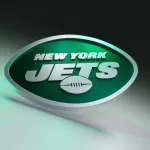 New York Jets logo on dark background with shiny details. 3D render.