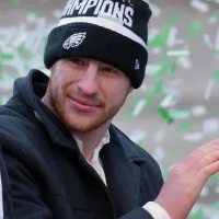 quarterback Carson Wentz celebrate the Super Bowl LII win during a parade Feb. 8^ 2018^ in downtown Philadelphia.