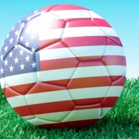 soccer balls in USA flag colors on green grass. Women's soccer. 3d image