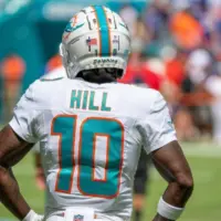 Tyreek Hill (10) (Miami Dolphins starting WR) stands on the sideline during pregame warmup. Miami Dolphins vs. NY Giants at HardRock Stadium. Miami Gardens^ FLUSA - October 08^ 2023