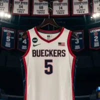 Former UCONN standout Paige Bueckers jersey #5 hanging in the Uconn arena