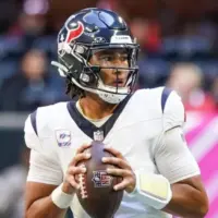 Houston Texans quarterback C.J. Stroud (7) looks to throw the ball during the game against the Atlanta Falcons on October 8^ 2023 at Mercedes-Benz Stadium in Atlanta^ Georgia.