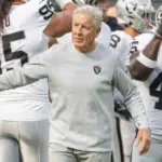 Las Vegas Raiders head coach Pete Carroll in a warmup before an NFL football game against the Los Angeles Chargers at SoFi Stadium^ Sunday Nov. 30^ 2025^ in Inglewood^ Calif.