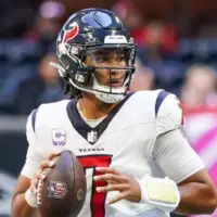 Houston Texans quarterback C.J. Stroud (7) looks to throw the ball during game against the Atlanta Falcons on October 8^ 2023 at Mercedes-Benz Stadium in Atlanta^ Georgia.