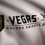 USA - NEW YORK^ 12 August 2018: Waving flag with Vegas Golden Knights NHL hockey team logo. Close-up of waving flag with Vegas Golden Knights NHL hockey team logo^ seamless loop. Editorial footage