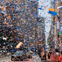 New York^ New York USA - July 7 2021: Confetti Falling during the Ticker Tape Parade for the Hometown Heroes and Essential Workers during the Covid 19 Pandemic in New York City
