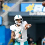 Miami Dolphins quarterback Tua Tagovailoa (1) in actions during an NFL football game against the Los Angeles Chargers^ Sept. 10^ 2023^ in Inglewood^ Calif.