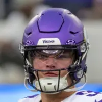 Minnesota Vikings quarterback J.J. McCarthy #9 warms up prior to an NFL football game against the Los Angeles Chargers Oct. 23^ 2025^ in Inglewood^ Calif.