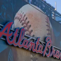 Atlanta Georgia USA - 9 7 2024: The Atlanta Braves logo on the back of the scoreboard at Truist Park in Atlanta Georgia USA
