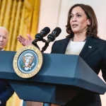 Kamala Harris addressing the media from a presidential podium in the East Room of the White House. Washington D.C.^ USA - October 24 2022