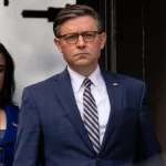 U.S. House Speaker Mike Johnson arrives for press briefing at Columbia University in New York on April 24^ 2024.