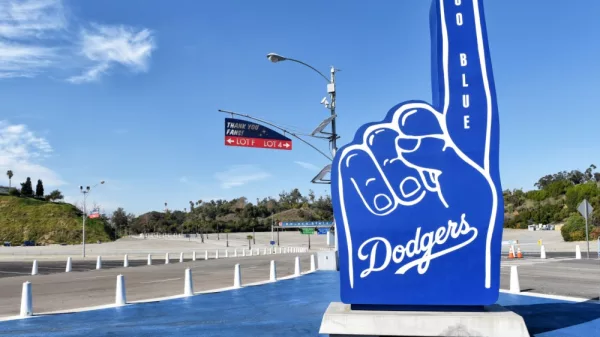 Number 1 hand figure with Go Blue at Dodger Stadium. LOS ANGELES^ CALIFORNIA - 11 FEB 2020