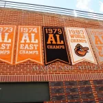 Championship banners on display at Oriole Park at Camden Yards Baltimore^ Maryland^ USA - August 18^ 2022