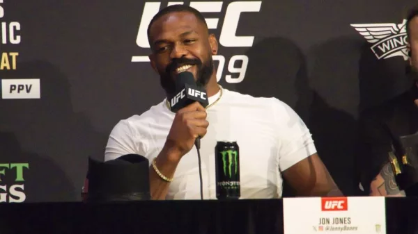 Jon Jones addresses a question from the crowd during the UFC 309 press conference ahead of the event. New York^ NY^ USA - November 14^ 2024: