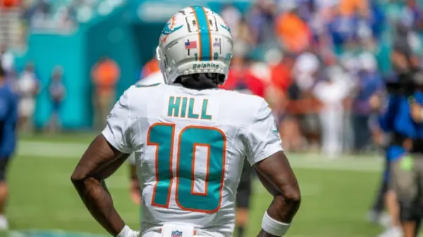 Tyreek Hill (10) (Miami Dolphins starting WR) stands on the sideline during pregame warmup. Miami Dolphins vs. NY Giants at HardRock Stadium. Miami Gardens^ FLUSA - October 08^ 2023