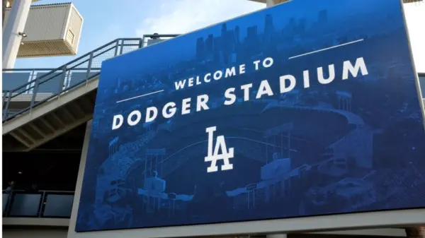 Closeup of the Welcome sign in the Outfield Plaza of Dodger Stadium. LOS ANGELES^ CALIFORNIA^ 29 JUNE 2021