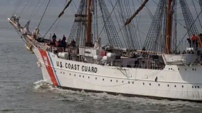 The United States Coastguard tall ship USCGC EAGLE sails from Portsmouth after a courtesy visit to the city PORTSMOUTH^ UK – APRIL 30TH 2019