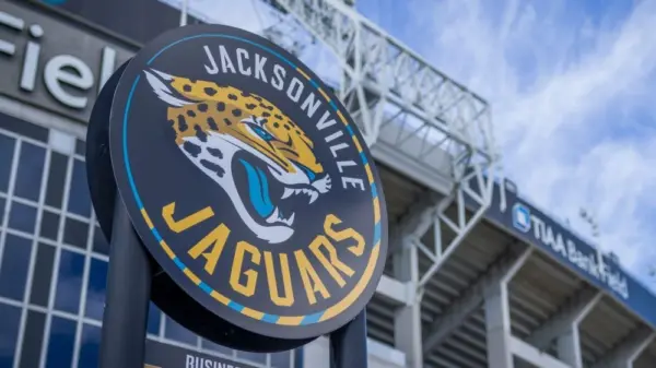 Jacksonville Jaguars NFL logo near football stadium Jacksonville^ Florida - January 28^ 2022