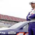 Denny Hamlin gets ready to qualify for the GEICO 500 in Lincoln^ AL^ USA. April 20^ 2024 - Lincoln^ AL^ USA