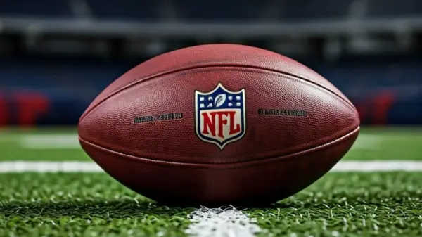 Outdoor photo of nfl ball in the middle of the football field