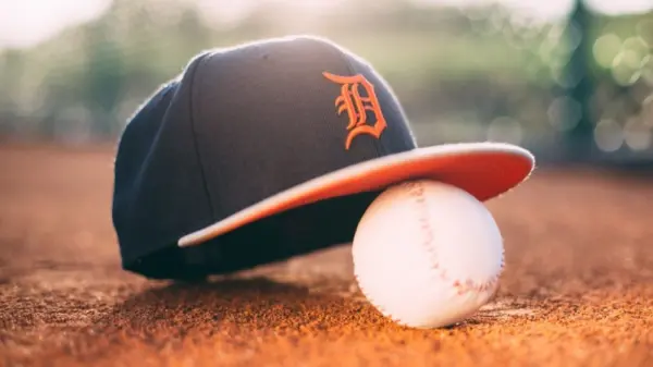Baseball ball with Detroit Tigers cap on pitchers mound. BELGRADE^ SERBIA - APRIL 12^ 2017