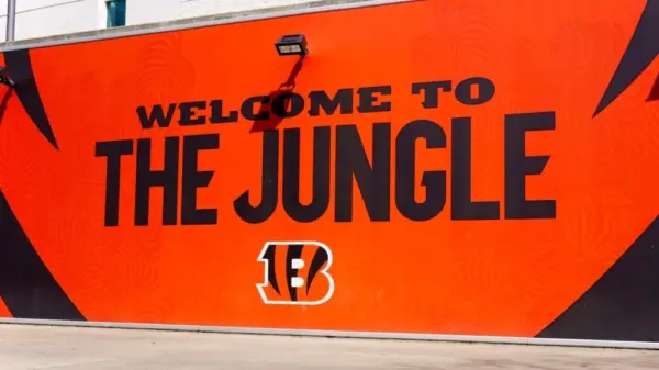 The 65^515 seat Paycor Stadium on the banks of the Ohio River is home to the NFL Cincinnati Bengals Cincinnati^ OH^ USA - March 17^ 2024 'Welcome To the Jungle' sign with'Bengals' logo