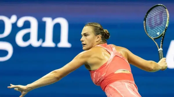 Aryna Sabalenka return ball during final match of women's singles tournament against Coco Gauff of USA at US Open Championships at Billie Jean King Tennis Center in New York on September 9^ 2023
