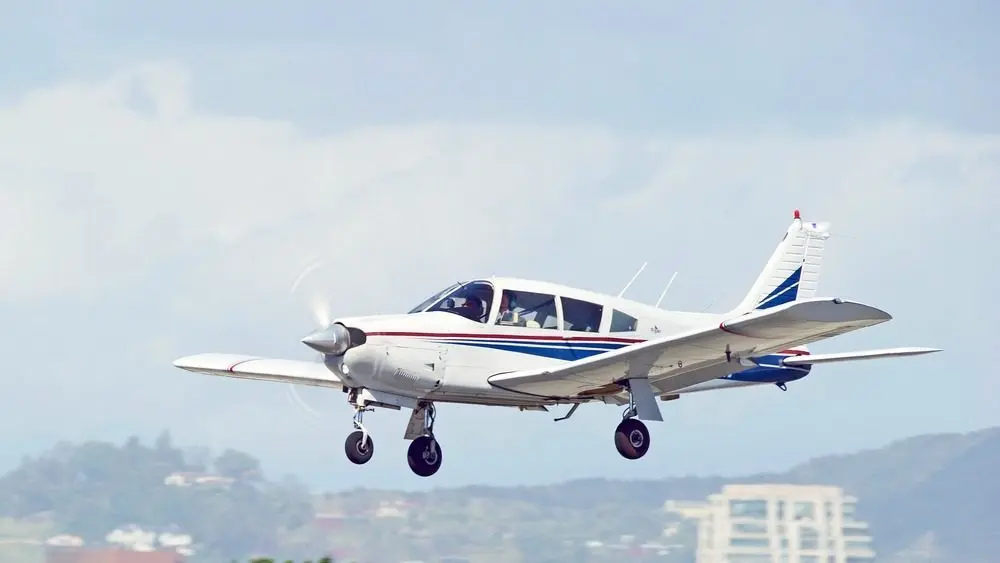 Piper PA-28R-200 fixed wing single engine aircraft approaching runway for a landing at Santa Monica Airport in Los Angeles^ California USA SANTA MONICA/CALIFORNIA - MARCH 6^ 2016