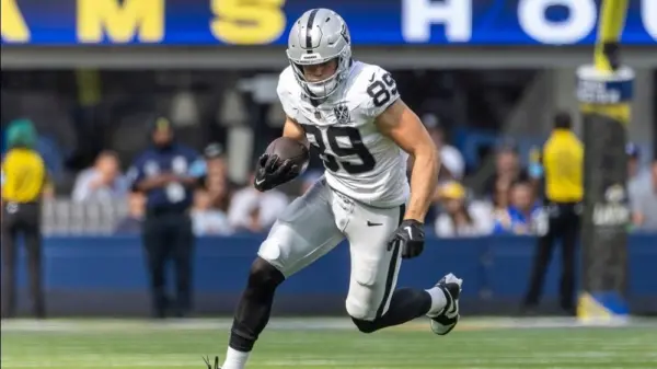Las Vegas Raiders tie end Brock Bowers #89 runs the ball against the Los Angeles Rams in an NFL football game at SoFi Stadium^ Oct. 20^ 2024^ in Inglewood^ Calif.