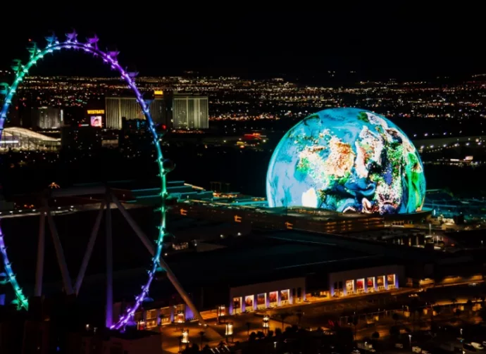 MSG Sphere and High Roller illuminated at night Las Vegas^ Nevada^ USA - November 7th^ 2023