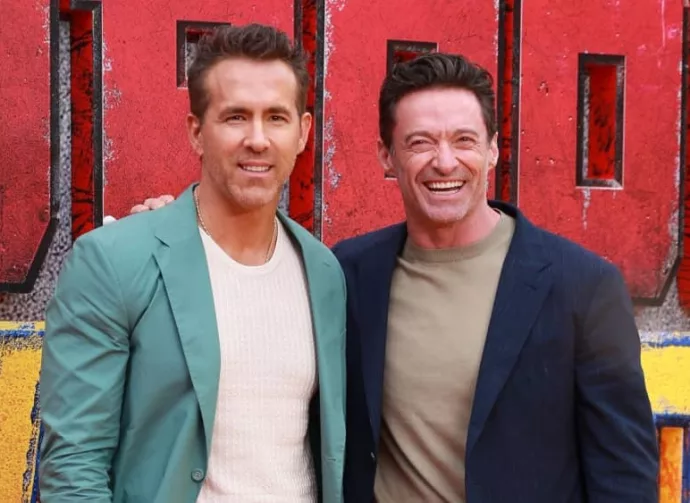 Ryan Reynolds and Hugh Jackman attend the "Deadpool and Wolverine" UK Fan Event at the Eventim Apollo in London^ England. July 11^ 2024