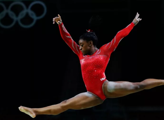 RIO DE JANEIRO^ BRAZIL 08042016: Simone Biles at the Rio 2016 Summer Olympic Games artistic gymnastics. Athlete of team USA performs a training session prior to the medal competition