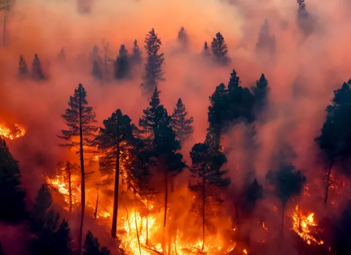 Forest fire^ many acres of pine trees burn down during the dry season. Wildfire burns in the forest. The concept of global cataclysms on earth. 3d rendering