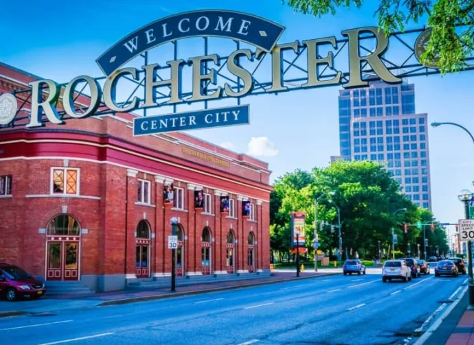 'Welcome to Rochester' New York sign in downtown Rochester. Rochester^ NY - July 16^ 2017