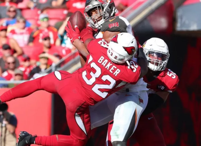 Arizona Cardinals strong safety Budda Baker (32) tries to break up the pass. Nov 10^ 2019; Tampa^ FL USA;