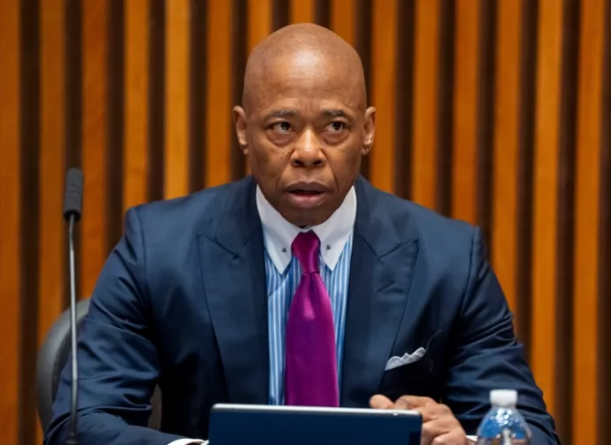 NYC Mayor Eric Adams speaks during a briefing with police brass at One Police Plaza on April 3^ 2024 in New York City.