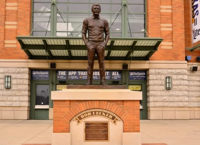 Bob Uecker statue in front of the ticket windows at Miller Park. Milwaukee^ Wisconsin / USA - April 6^ 2019