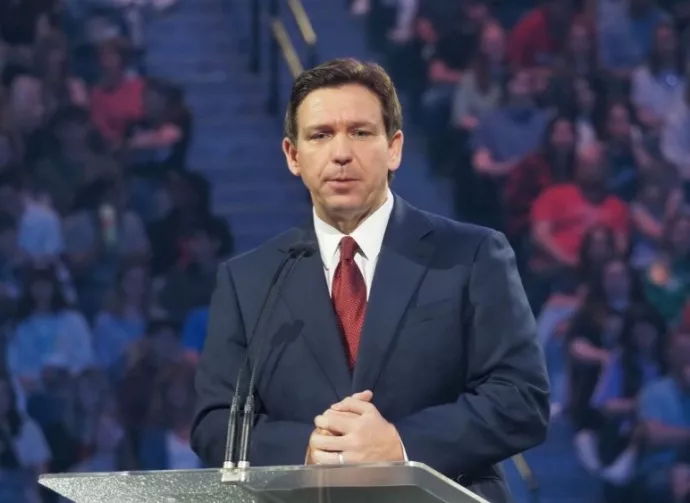 Florida Governor Ron DeSantis speaking at Lynchburg^ Virginia^ on April 14^ 2023.