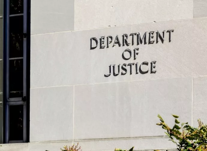 Sign of United States Department of Justice(DOJ) on their headquarters building in Washington^ D.C. USA. Washington D.C.^ USA - March 1^ 2020