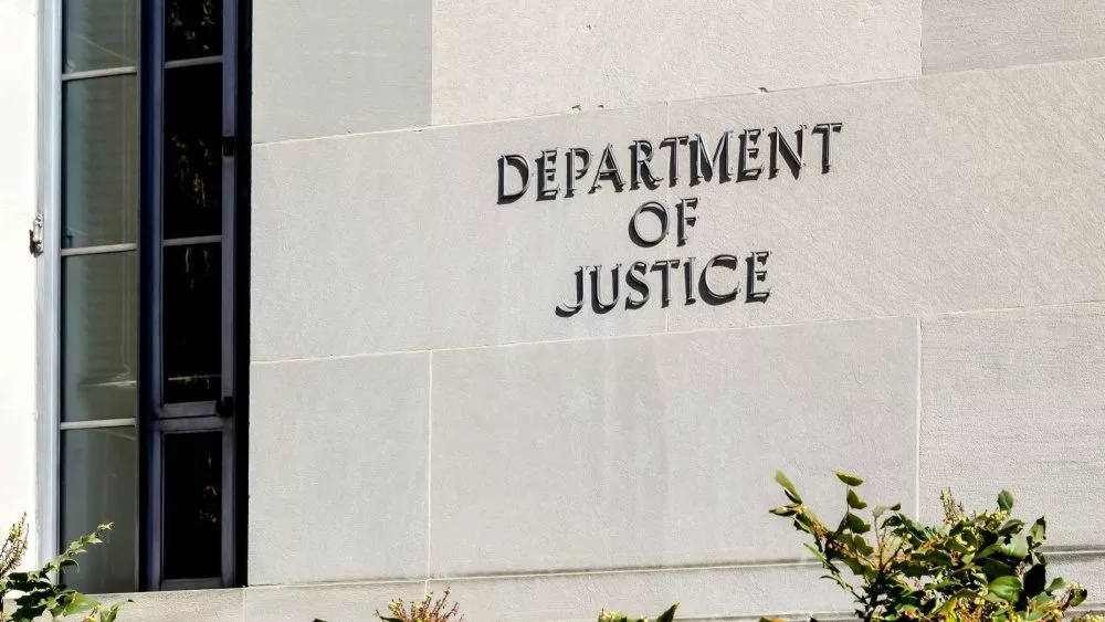 Sign of United States Department of Justice(DOJ) on their headquarters building in Washington^ D.C. USA. Washington D.C.^ USA - March 1^ 2020