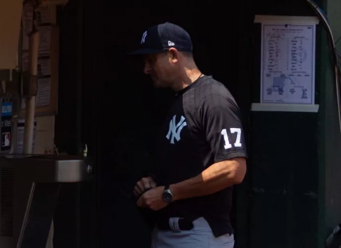 New York Yankees Manager Aaron Boone #17 before a game against the Oakland Athletics. Oakland^ California - August 28^ 2021