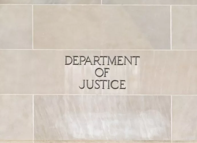 Sign of United States Department of Justice(DOJ) outside their headquarters building in Washington^ D.C. USA. Washington D.C.^ USA - march 1^ 2020