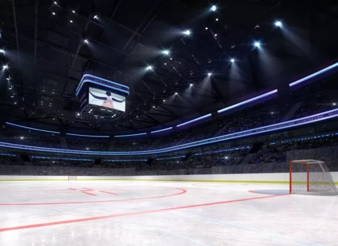 empty ice hockey arena inside playground view illuminated by spotlights^ hockey and skating stadium indoor 3D render illustration background^ my own design