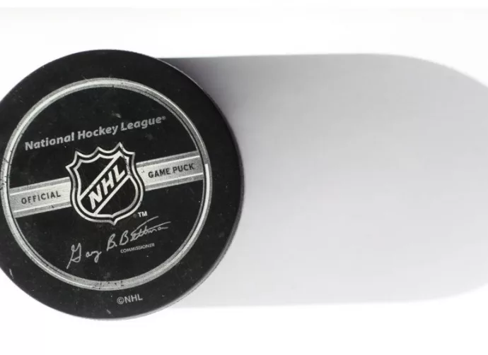 Official game puck from NHL^ National hockey league^ USA. MOTALA^ SWEDEN- 8 FEBRUARY 2022