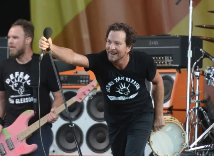 Pearl Jam with lead singer Eddie Vedder performs onstage at the 2016 New Orleans Jazz and Heritage Festival. New Orleans^ LA - April 23^ 2016