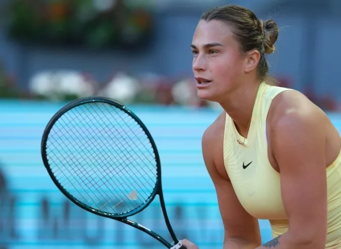 Aryna Sabalenka in the Women's Singles Round of 32 match during Day Six of the Mutua Madrid Open at La Caja Magica on April 28^ 2024 in Madrid^ Spain.