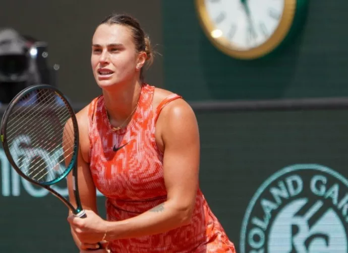 Grand Slam champion Aryna Sabalenka of Belarus in action during 2024 Roland Garros women's fourth round match against Emma Navarro of United States in Paris^ France PARIS^ FRANCE - JUNE 3^ 2024