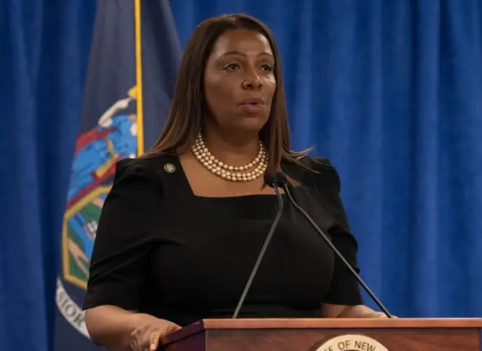 New York State Attorney General Letitia James delivers remarks on landmark victory in civil fraud trial against Donald Trump and the Trump Organization at 28 Liberty Street in New York on Feb 16^ 2024